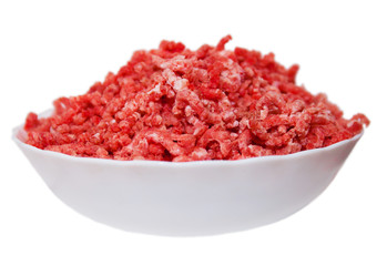 fresh minced meat with meat grinder on white background