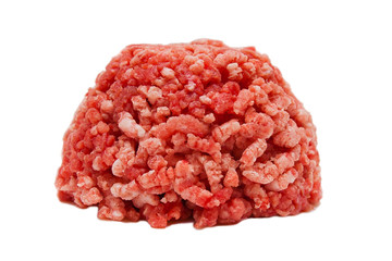 fresh minced meat with meat grinder on white background