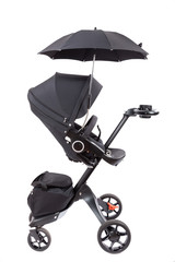 Modern baby stroller isolated on white. New baby carriage