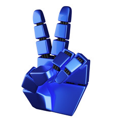 victory blue robot hend gesture on white background3D illustration, 3D rendering