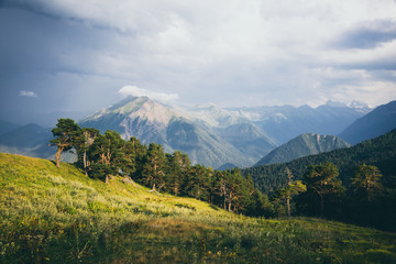 Obraz premium Mountain view after bad weather. The sun illuminates the meadow in the foreground