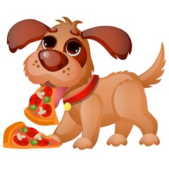 Cute animated dog eating pizza isolated on white background. Vector cartoon close-up illustration.