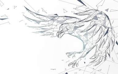Weißkopfseeadler fliegender Sturzflug aus Linien, Dreiecken und Partikeldesign. Illustrationsvektor