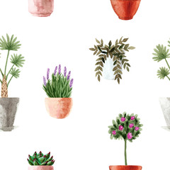 Watercolor houseplants. Hand painted house green plants in flower pots. Flowers isolated on white background.