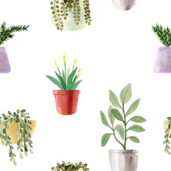 Afwasbaar Fotobehang Planten in pot Aquarel kamerplanten. Handbeschilderde groene kamerplanten in bloempotten. Bloemen geïsoleerd op een witte achtergrond.