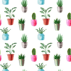 Wall murals Plants in pots Watercolor houseplants. Hand painted house green plants in flower pots. Flowers isolated on white background.