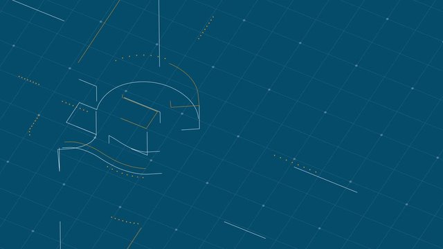 Currency GBP (Pound Sterling) isometric symbol dot and dash line frame structure pattern wireframe, Digital money cryptocurrency concept on blue background animation 4K