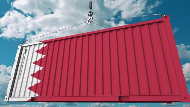 Loading cargo container with flag of Bahrain. Bahraini import or export related conceptual 3D animation