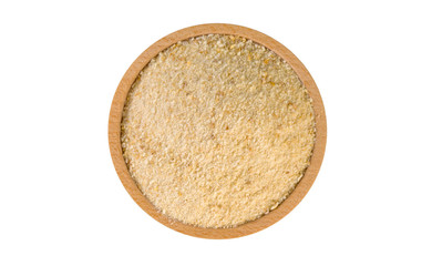 breadcrumbs in wooden bowl isolated on white background. nutrition. food ingredient.top view.