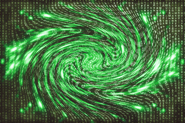 Green matrix digital background. Distorted cyberspace concept. Characters fall down in wormhole....