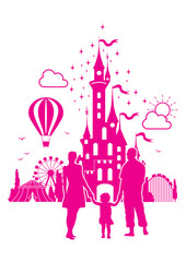 Happy family on holiday in amusement park - vector silhouette outline  - obrazy, fototapety, plakaty