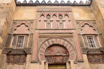 Door and facade of Espiritu Santo, Moorish facade of the Great Mosque in Cordoba, Andalusia, Spain