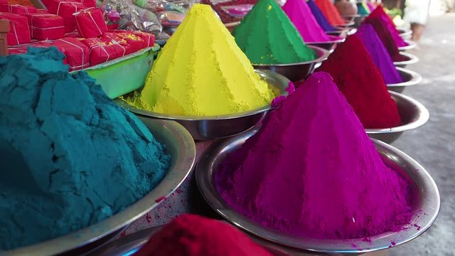 Colored powder for sale in the market in Mysore, Karnataka, India