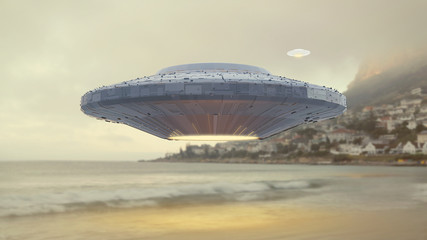 Fototapeta na wymiar UFO, science fiction scene with alien spaceship, extraterrestrial visitors in flying saucer over the ocean