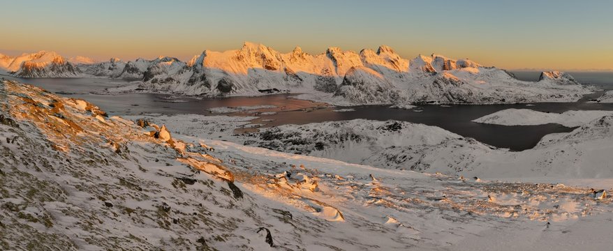 Golden sunset, summit of Ryten, Lofoten, Norway, 21 February 2019