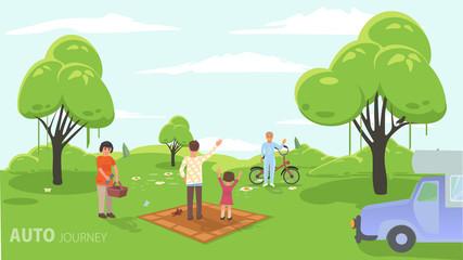 Family camping. Auto journey. Cartoon and flat style. Family Outdoor Holidays. Banner. Our Adventures. Summer Travels. Vector illustration. Travel by car concept. Rest in park. Family forest walks.