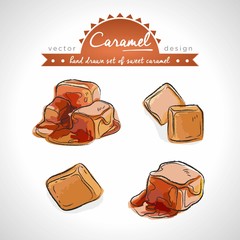 caramel Collection of sweetness with leaf. Vector illustration. Isolated	