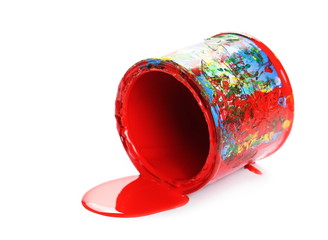 Open red paint cans isolated on white background