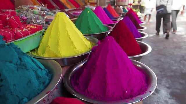 Colored powder for sale in the market in Mysore, Karnataka, India