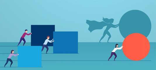 Business woman superhero pushes red sphere, overtaking competitors. Concept of winning strategy, business efficiency, leadership.