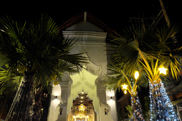 Richly decorated entrance to the house. Christmas decorations on the trees. Festive decor.