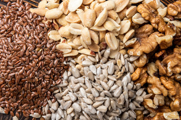 Walnut, peanut, sunflower and flax seeds on dark wooden background.
