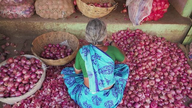 A woman sorts onions by hand in the market in Mysore, Karnataka, India