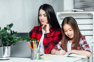 Family education! Two sisters helping each other! Lesson at home!