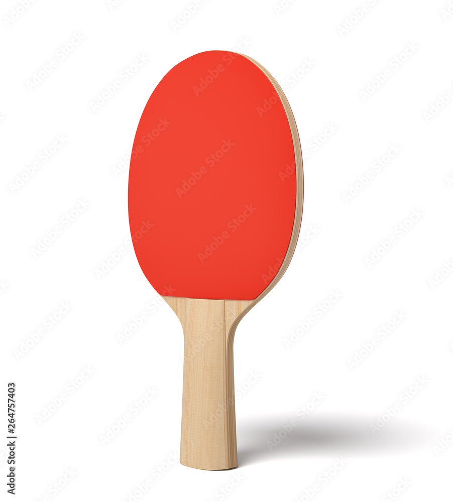 Poster 3d close-up rendering of ping pong racket with wooden handle and red rubber on white background.