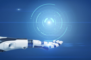 An outstretched robotic hand with a digital semi-clear circle graph hovering about it.