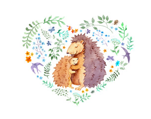 Heart for Mothers day - mother hedgehog hugs her child. Watercolor card with cute animals, flowers, birds