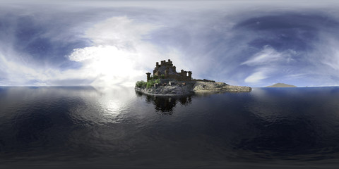 HDRI map, spherical environment panorama background, light source rendering with medieval castle on an island (3d equirectangular render)