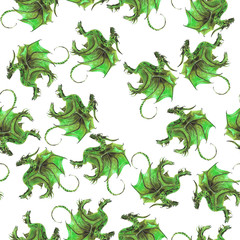 Seamless dragon pattern on white background watercolor for print