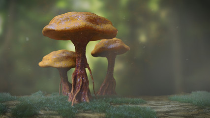 mushrooms growing on an old tree trunk (3d illustration rendering)