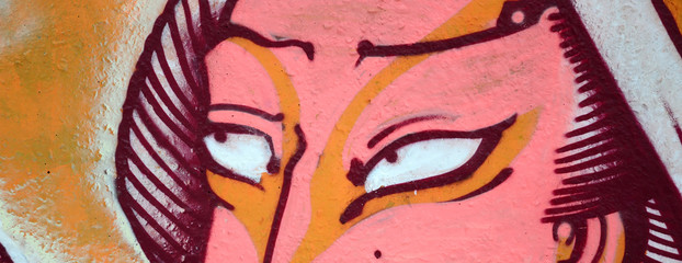 Fragment of colored street art graffiti paintings with contours and shading close up