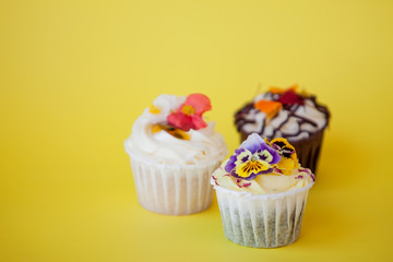 set of delicious cupcakes with different fillings and cream. Three muffin's with cream