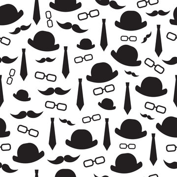 Background of men's hat, glasses, tie, mustache. Seamless background.Illustration. Father's day.Elements of a gentleman.