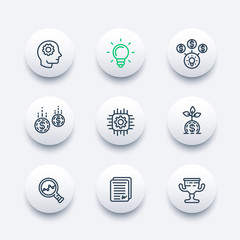 Naklejka premium startup line icons set, creative process, idea, initial capital, funding, innovation, investing, growth, analytics, business success