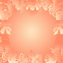 Fototapeta na wymiar Banner for sale text in pink tones. Peach background. Tropical plants. .Procurement for Advertisement. Frame for the title.Iillustration.