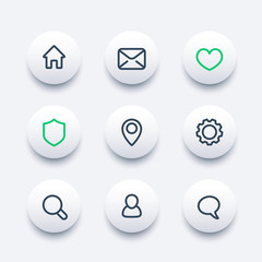 Basic web linear icons set, gear, settings, login, security, favourite, contact us, profile, users, chat, mail