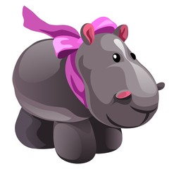 Naklejka premium Soft toy plush grey Hippo with pink bow isolated on white background. Vector cartoon close-up illustration.