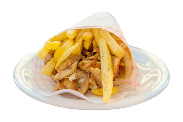 Greek gyro with fries close up isolated