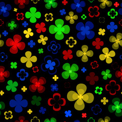 Fototapeta na wymiar Colorful abstract yellow, green, red and blue flowers on a black background.Seamless pattern.Illustration.
