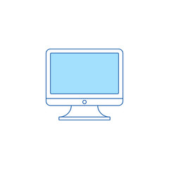 Vector icon of computer monitor in a linear style. Flat simple blue illustration of computer on a white isolated background.