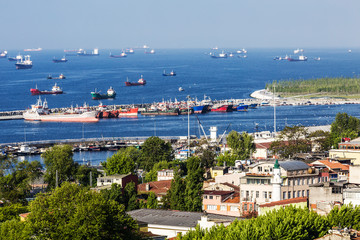 Fototapeta na wymiar View on trading vessels standing on the raid in the Sea of Marmara, Istanbul, Turkey