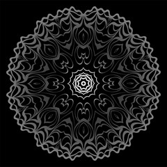 Design With Floral Mandala Ornament. Vector Illustration. Oriental Pattern. Indian, Moroccan, Mystic, Ottoman Motifs. Anti-Stress Therapy Pattern. Black, silver color