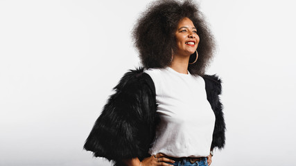 Happy woman in afro hairstyle