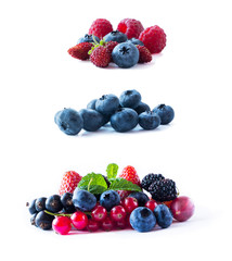 Ripe blueberries, wild strawberries, raspberries, currants, mulberries and strawberries. Background of mix berries with copy space for text. Mix berries on white background.