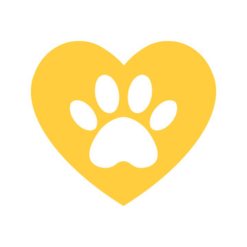 The dog's track in the yellow heart. cat and dog paw print inside heart