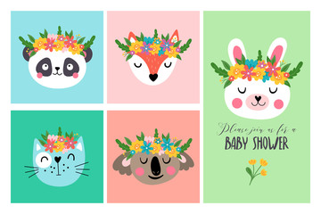 Cute animals heads with flowers set.